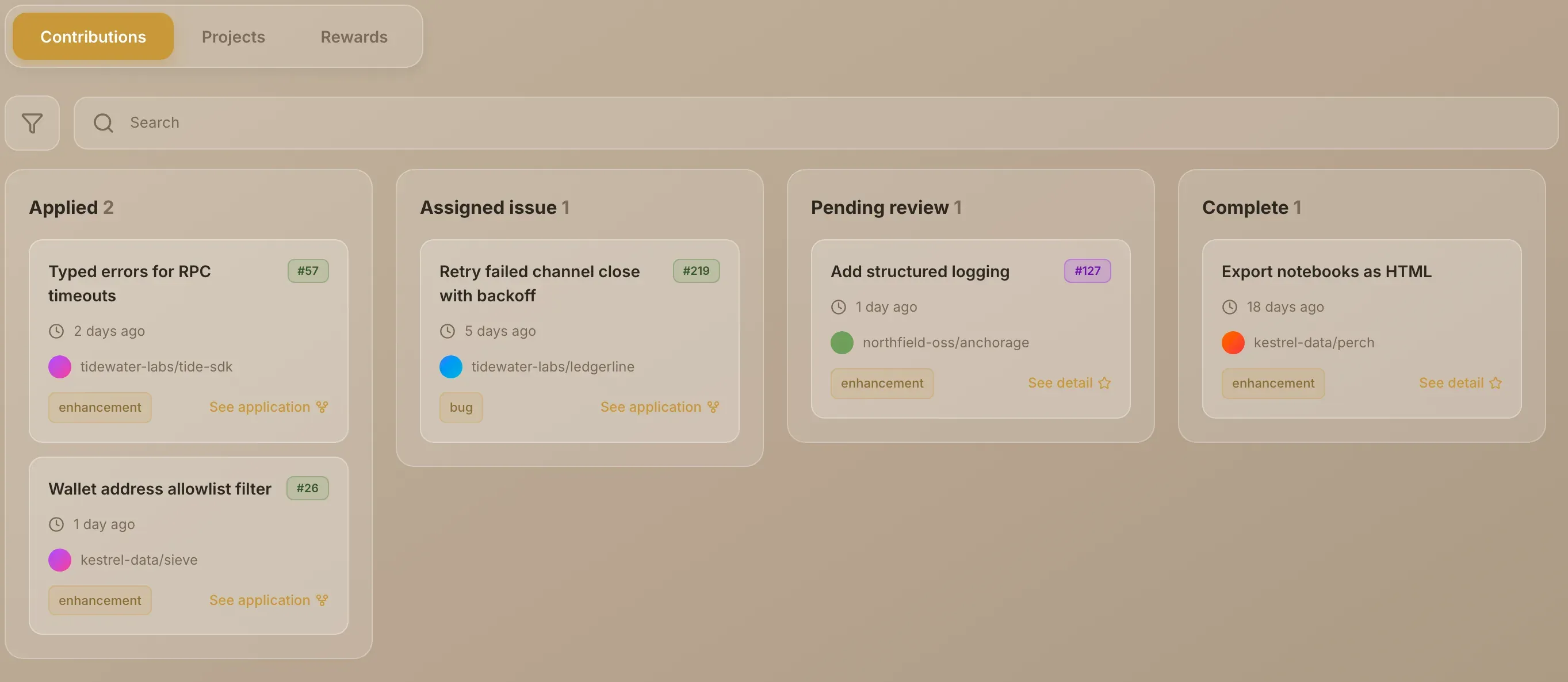 The Contributions board with its four columns: Applied, Assigned issue, Pending review and Complete