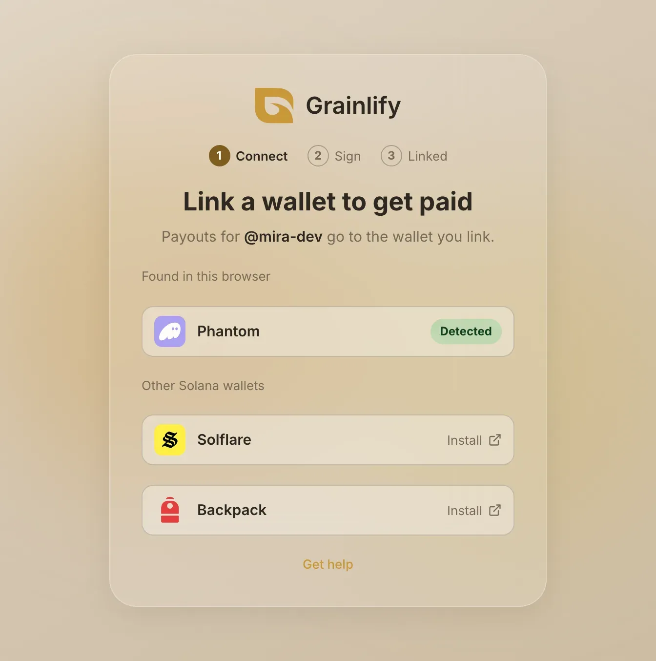 The wallet page, with Phantom detected in this browser