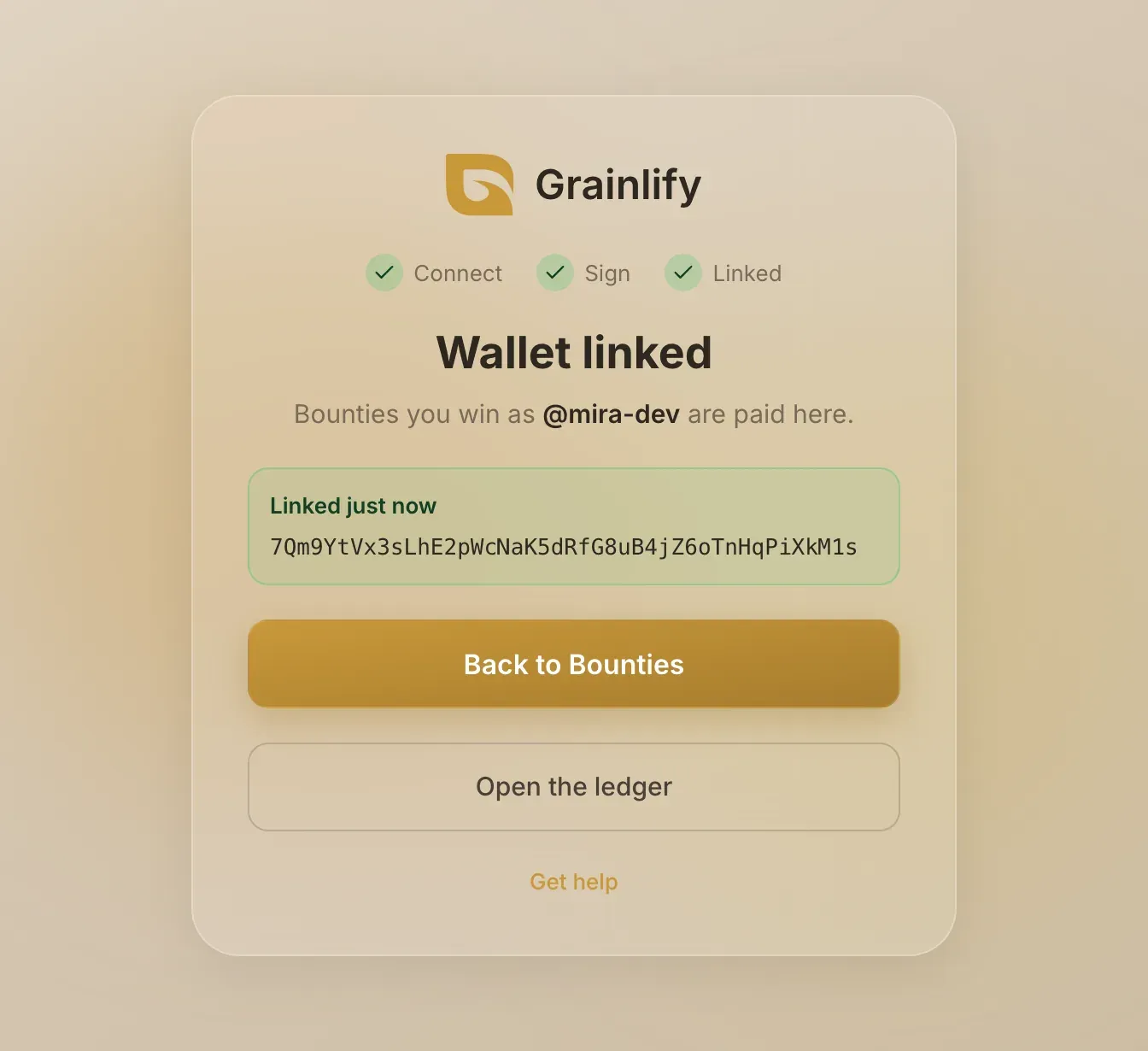 The wallet page after linking, showing the linked address