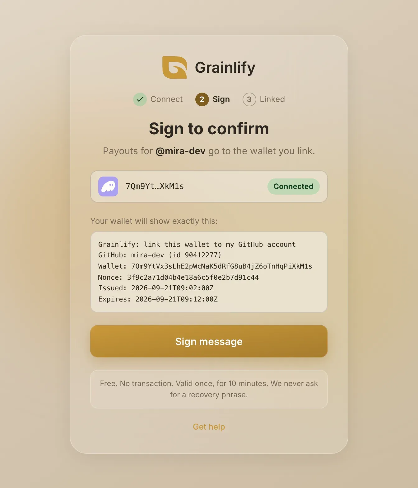 The message your wallet will show, with the Sign message button